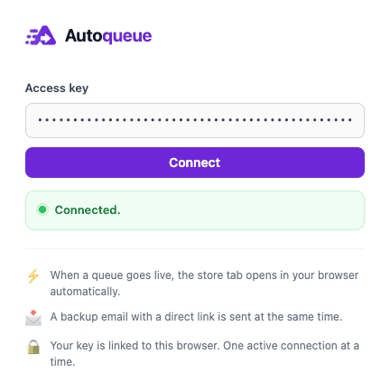 Página de opciones de la extensión de Autoqueue con un campo de clave de acceso, un botón Connect y un estado conectado.